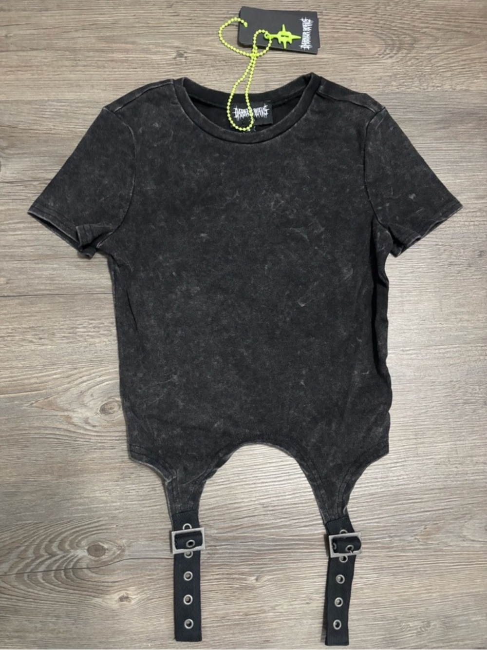 Darker Wavs Dolls Kill Grey Black Baby Tee Crop Top Shirt Garter Top XS NWT